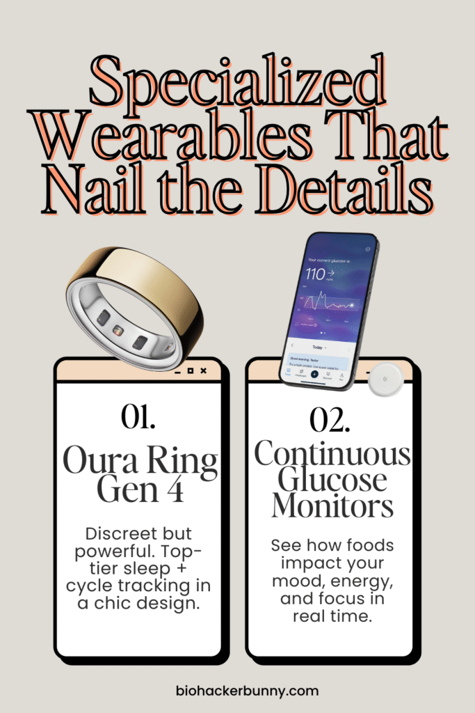 specialized wearables include the oura ring and continuous glucose monitors